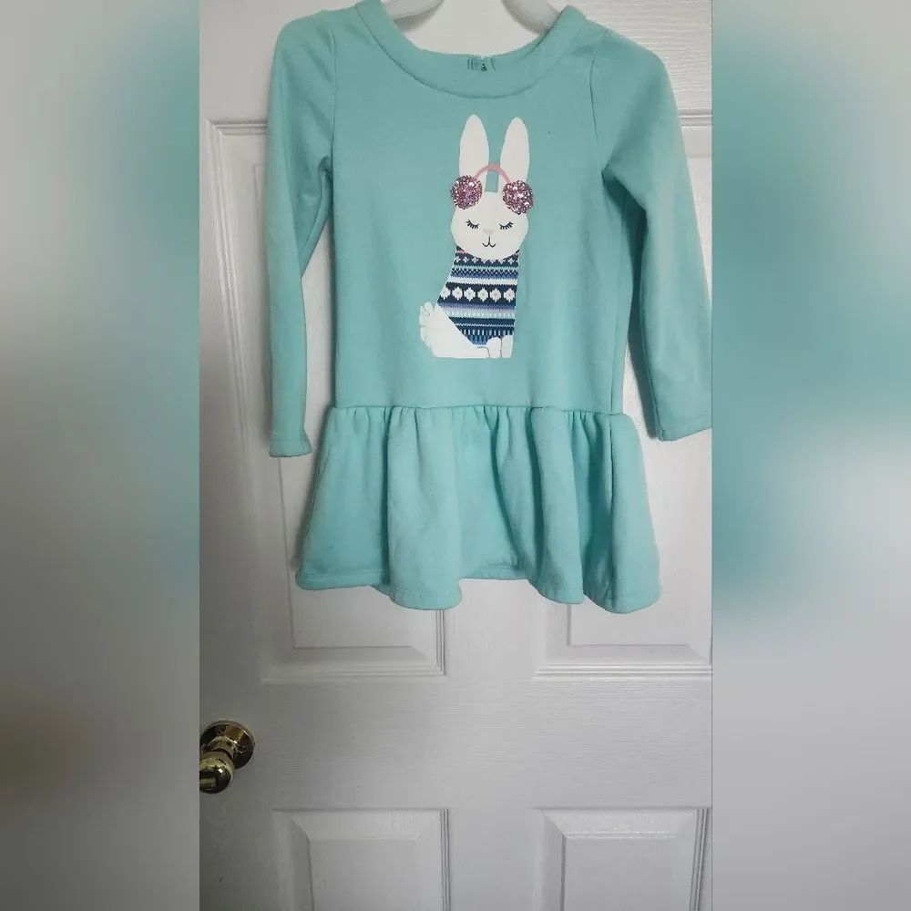 Gymboree 6 Girl's Tiered Teal Bunny Decorated LongSleeve Cotton Blend Dress